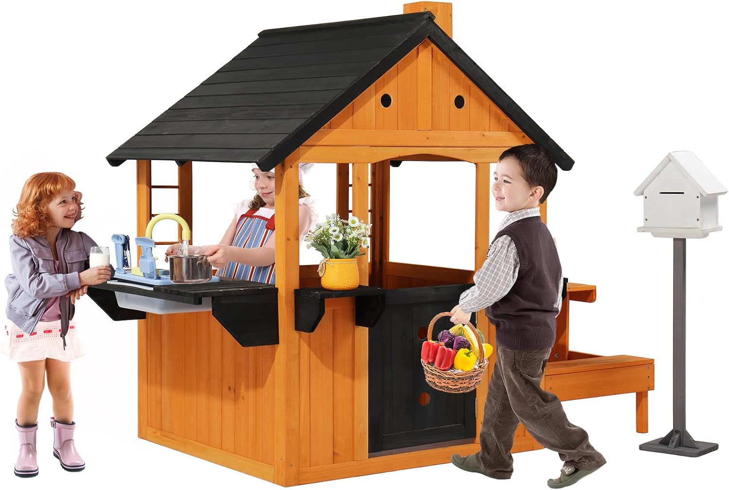 Kids Outdoor Sink - Çocuklar için Ahşap Oyun Evi, Lavabolu,
